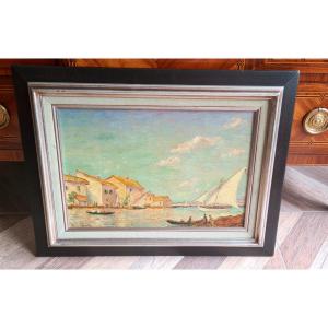 Oil Painting On Panel By Gérard André View Of A Fishing Port Late Nineteenth