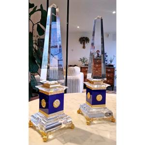 Rare Paire d'obélisque signée sandro petti pour la maison jansen plexiglas et bronze doré 55 cm