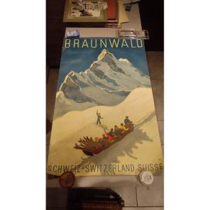 Vintage "braunwald" Switzerland Tourism Advertisement Poster, Illustrated By Alex Digglemann