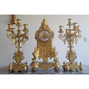 Enorme garniture de cheminée en bronze dorée epoque Napoléon 3 65cm