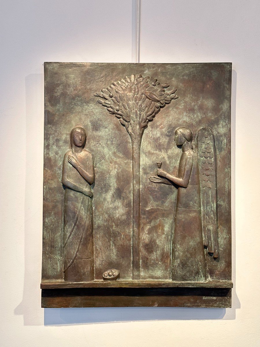 Annunciation, Bas Relief In Bronze By Francesco Rebesco Around 1930-photo-3