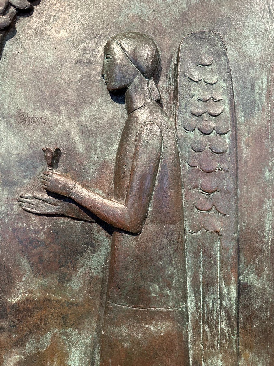 Annunciation, Bas Relief In Bronze By Francesco Rebesco Around 1930-photo-2