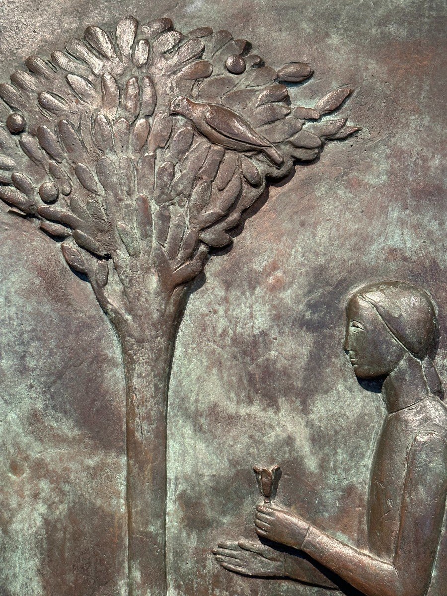 Annunciation, Bas Relief In Bronze By Francesco Rebesco Around 1930-photo-4