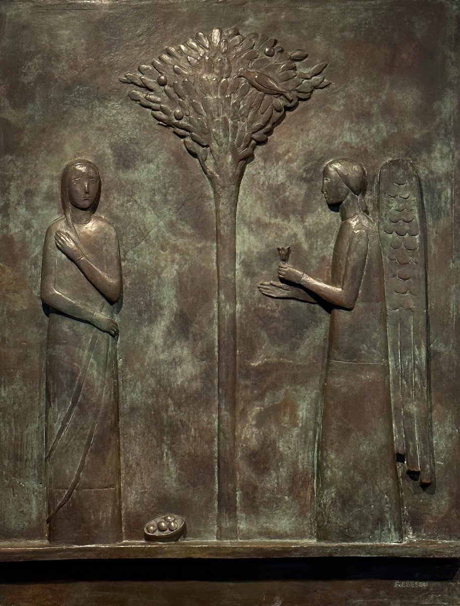 Annunciation, Bas Relief In Bronze By Francesco Rebesco Around 1930