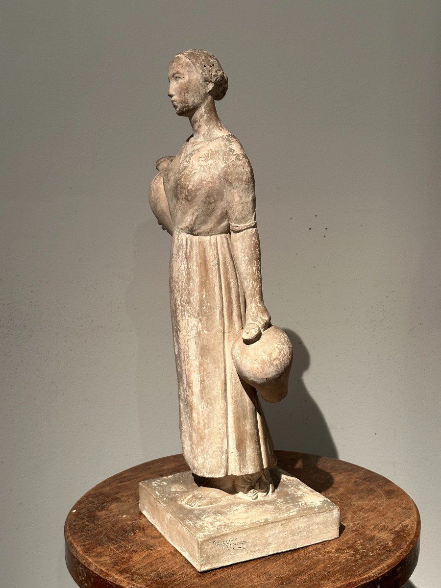 The Water Carrier From Cordoba, Terracotta Sculpture By Gilbert Privat 1934-photo-3