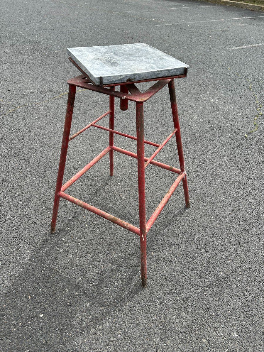 Industrial Red Steel Stand With Gray Marble Rotating Top 1950s-photo-2