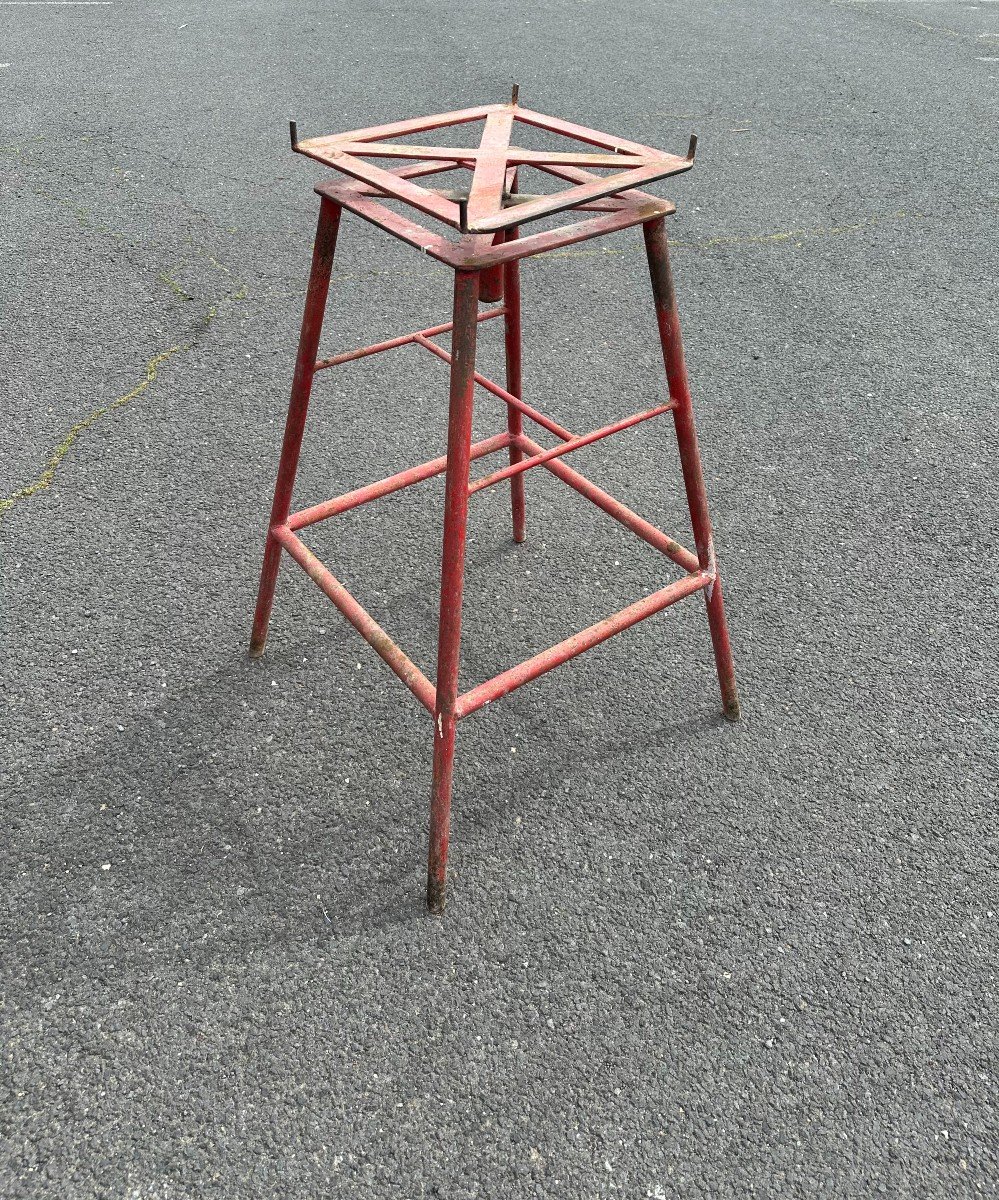 Industrial Red Steel Stand With Gray Marble Rotating Top 1950s-photo-3