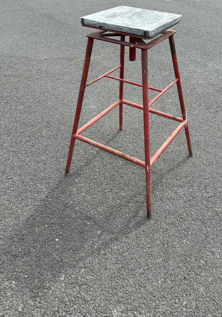 Industrial Red Steel Stand With Gray Marble Rotating Top 1950s