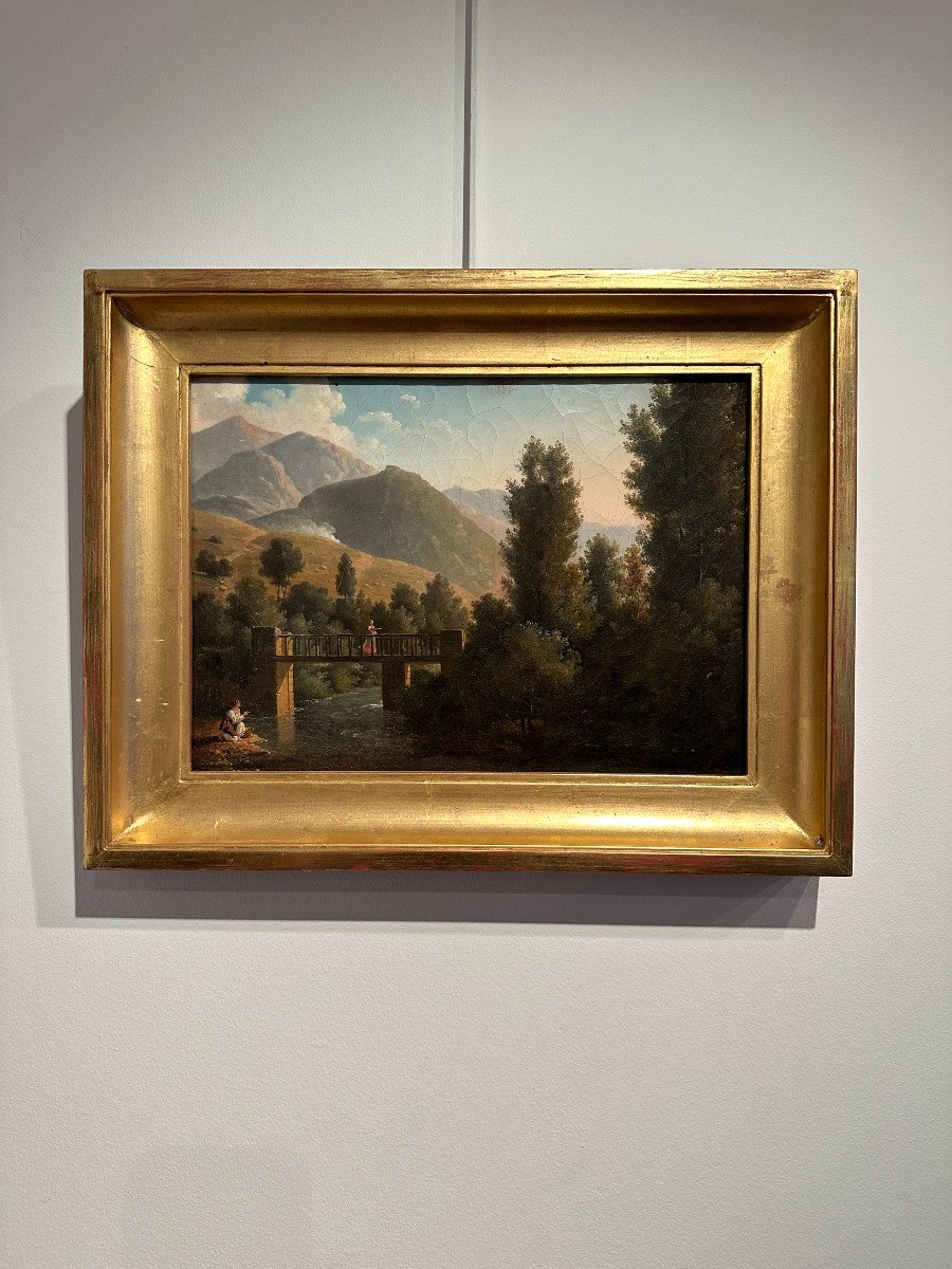 Huile Sur Toile Du Début Du XIX E Siècle Représentant 2 Femmes Conversant Au Bord d'Une Rivière-photo-4