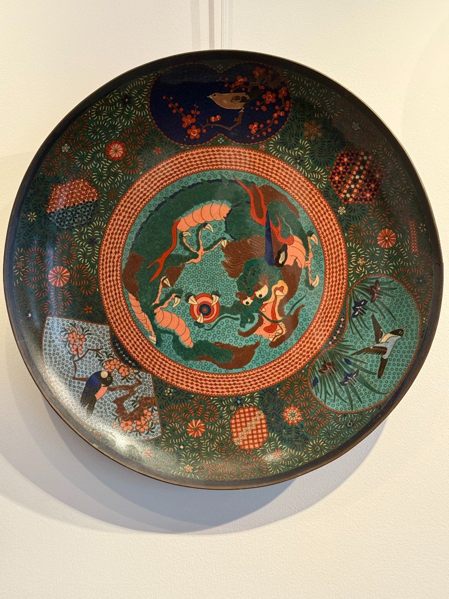 Paire De Plats Japonais Cloisonnés Aux Dragons Et Oiseaux , Fin XIX Début XXe  -photo-2