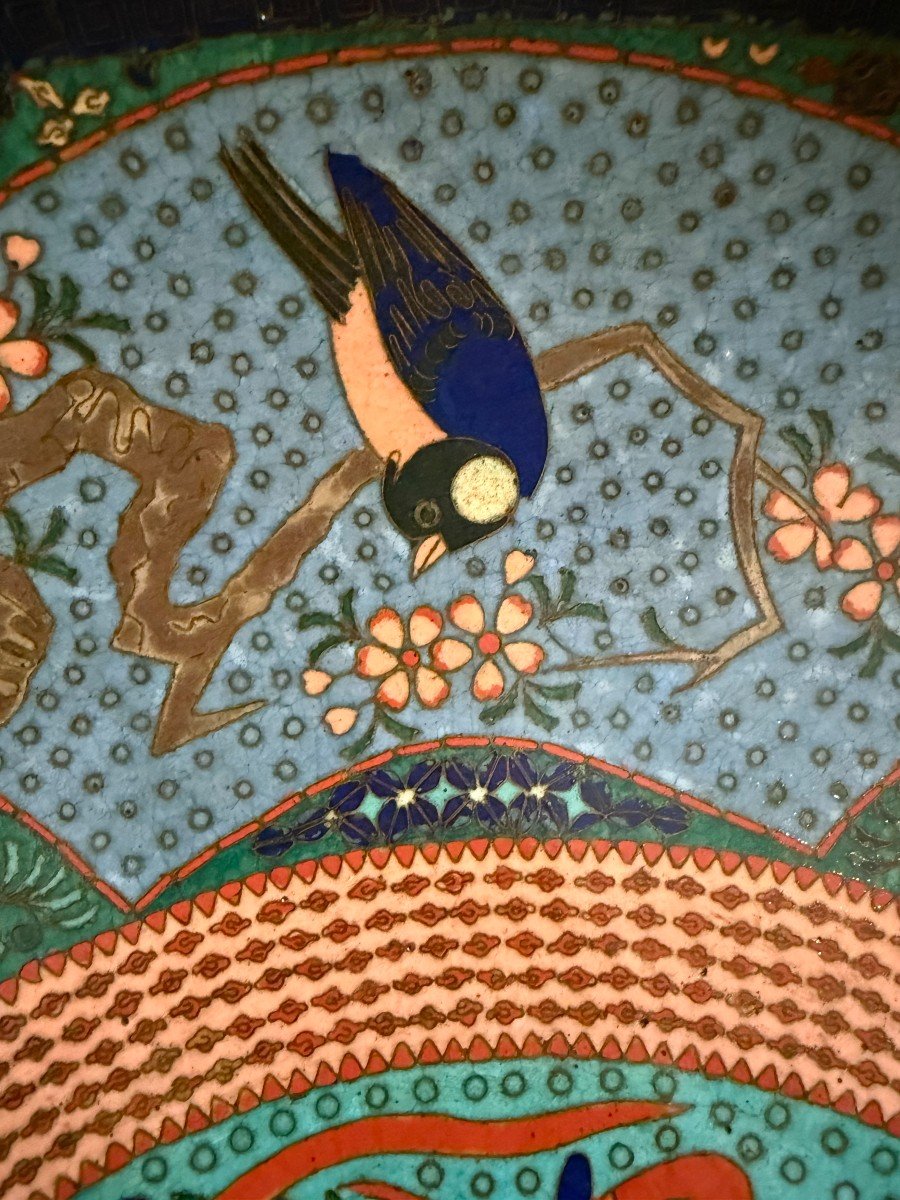 Paire De Plats Japonais Cloisonnés Aux Dragons Et Oiseaux , Fin XIX Début XXe  -photo-7