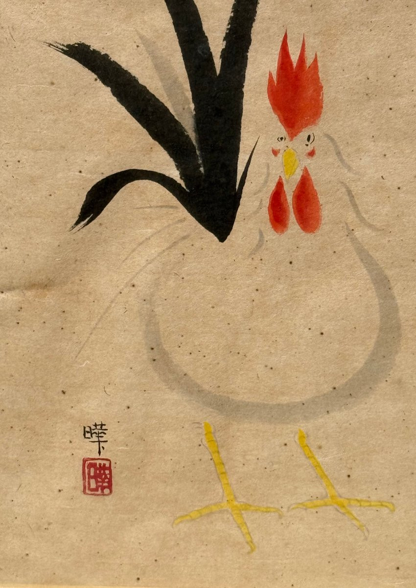 Un Coq, Aquarelle Japonaise Vers 1950  -photo-2