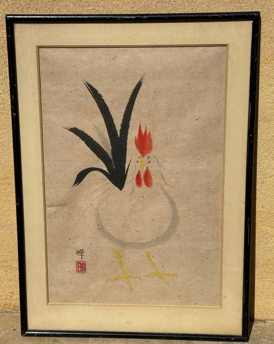 Un Coq, Aquarelle Japonaise Vers 1950  
