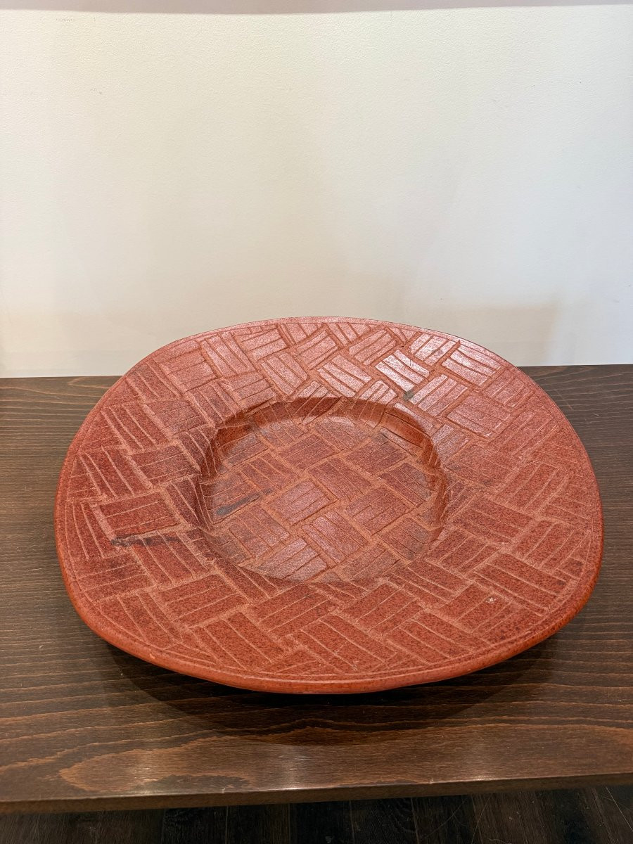 Grand plat ou coupe en terre cuite à décor incisé, signé Mammaro , Italie années 80 -photo-3