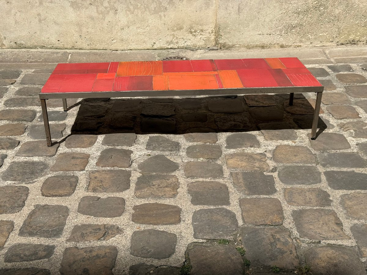 Large And Rare Coffee Table In Steel And Ceramic By Roger Capron Circa 1960 -photo-1