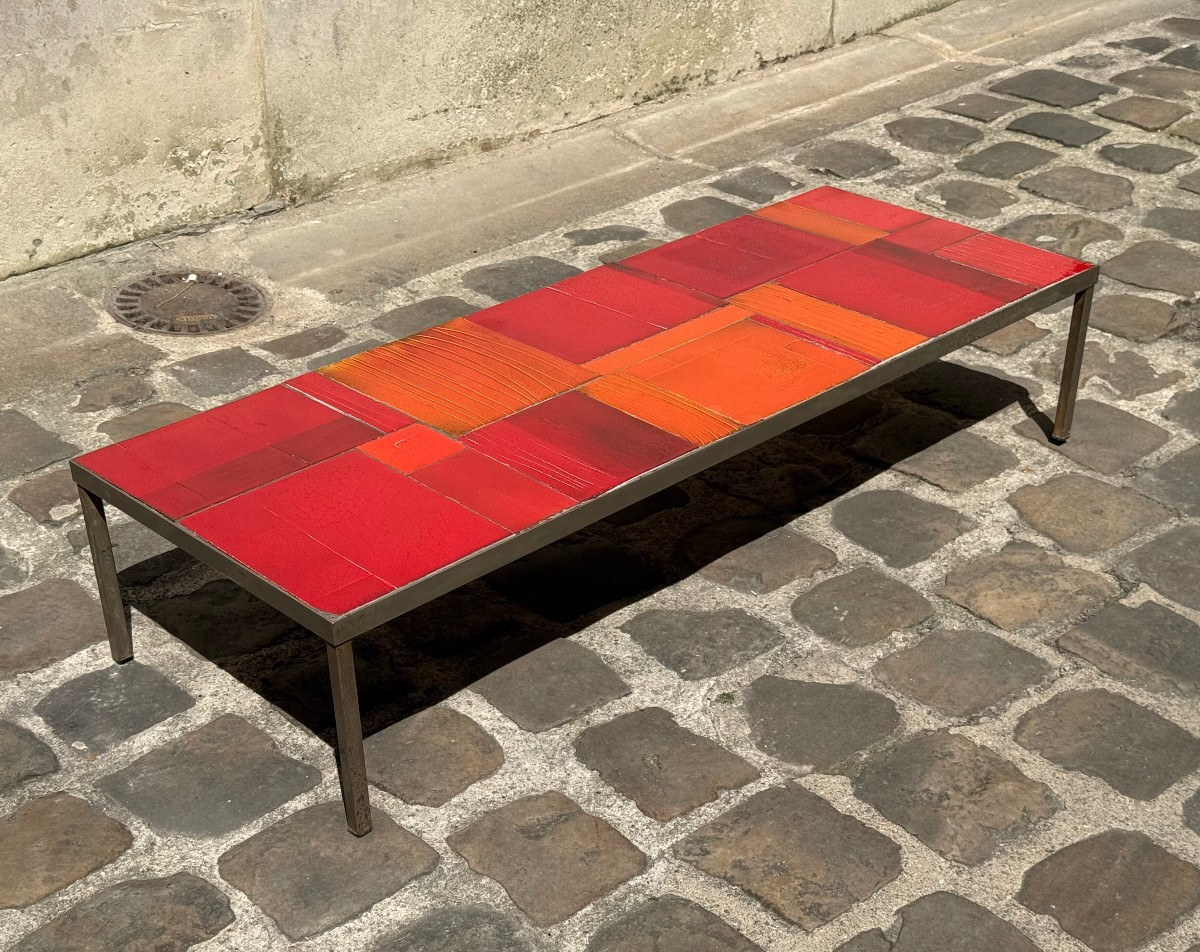 Large And Rare Coffee Table In Steel And Ceramic By Roger Capron Circa 1960 