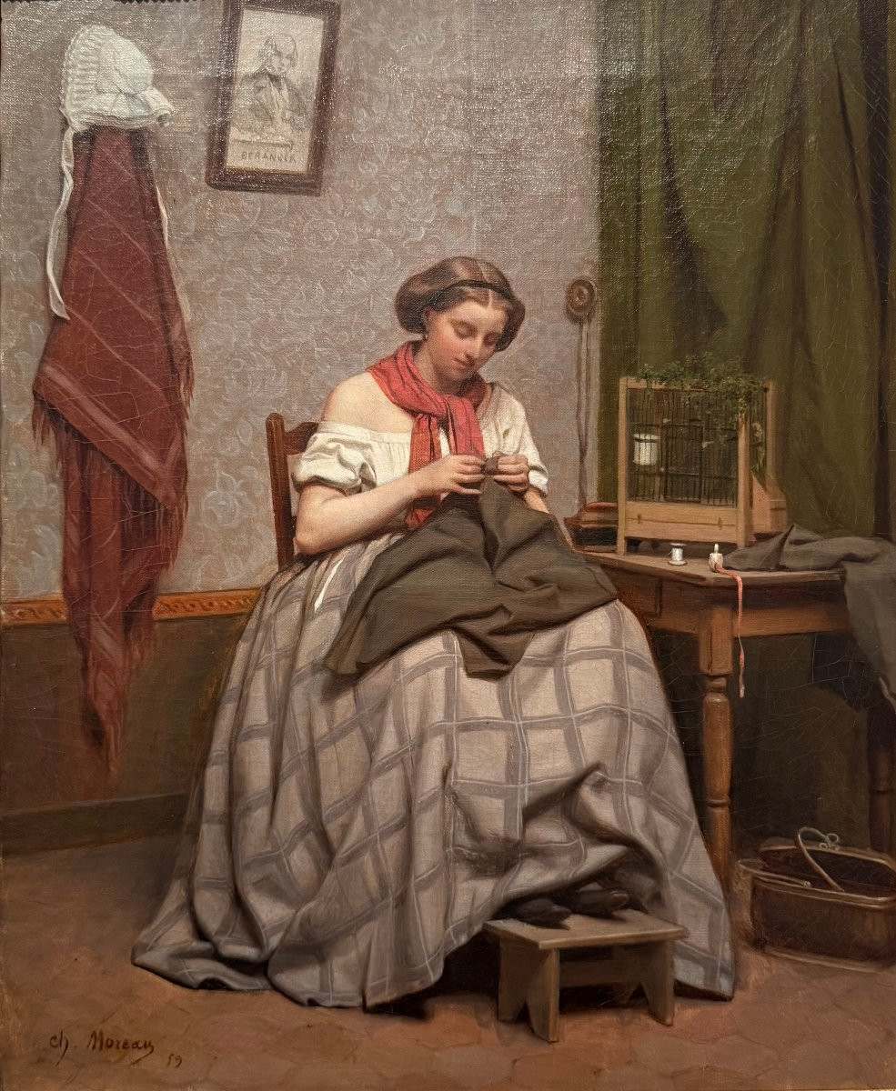 Sewing - Oil On Canvas By Charles Moreau, 1859-photo-2