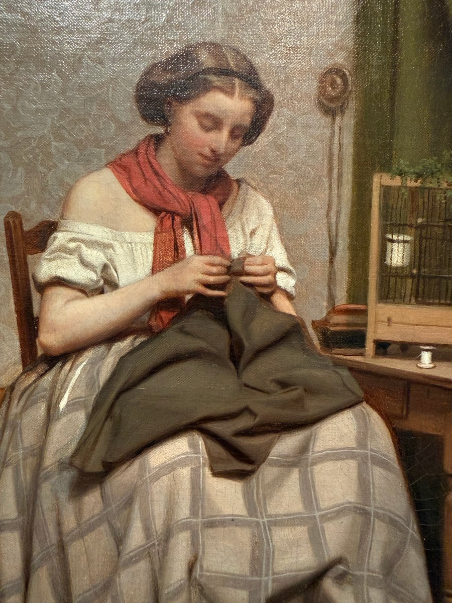 Sewing - Oil On Canvas By Charles Moreau, 1859-photo-3