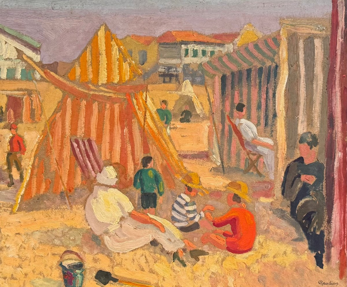 Sur la plage, huile sur carton de Georges Gaudion vers 1920-photo-2