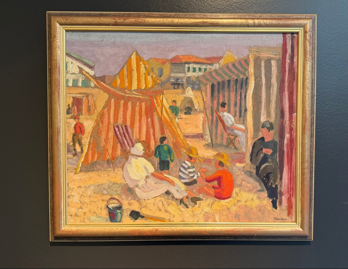 Sur la plage, huile sur carton de Georges Gaudion vers 1920