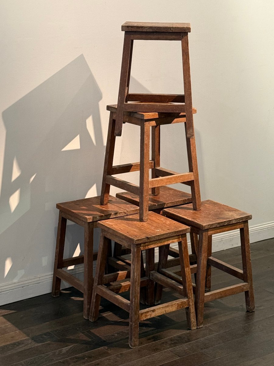 6 Tabourets en pin des années 50 -photo-2