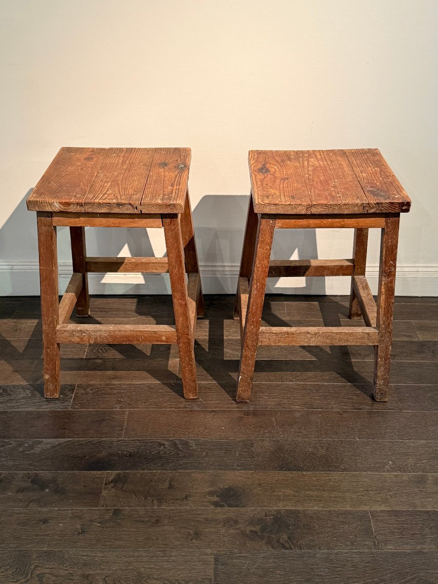 6 Tabourets en pin des années 50 -photo-3