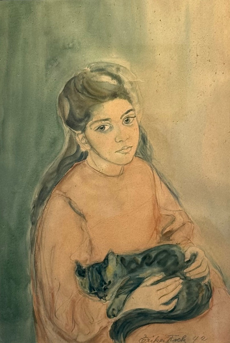Young Girl With A Cat Watercolor By Erika Fick 1942-photo-2