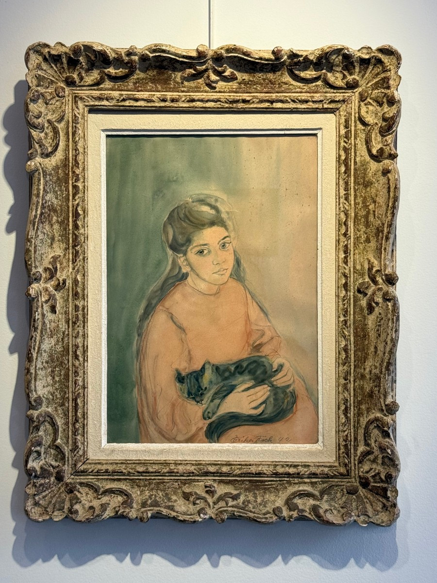 Young Girl With A Cat Watercolor By Erika Fick 1942