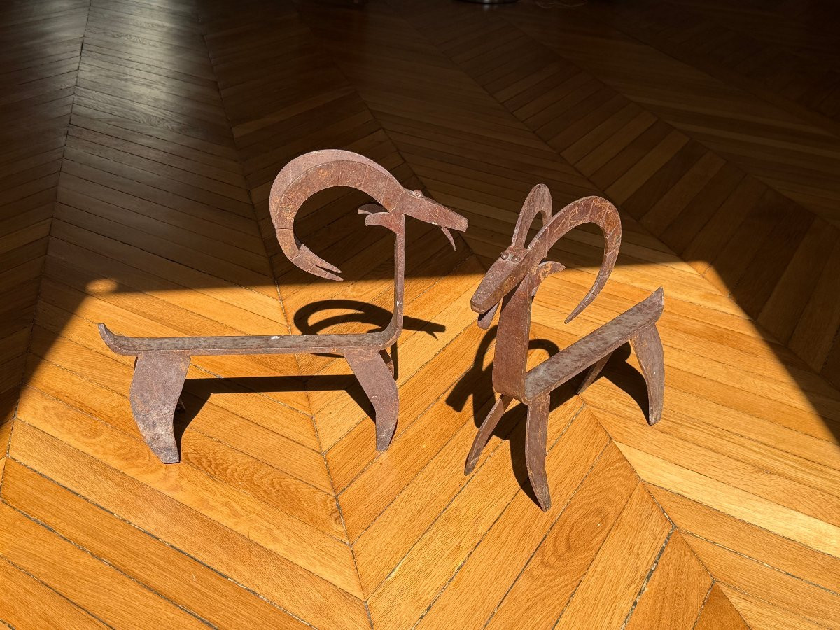 Pair Of Andirons Featuring 2 Ibexes, France Circa 1950-photo-2