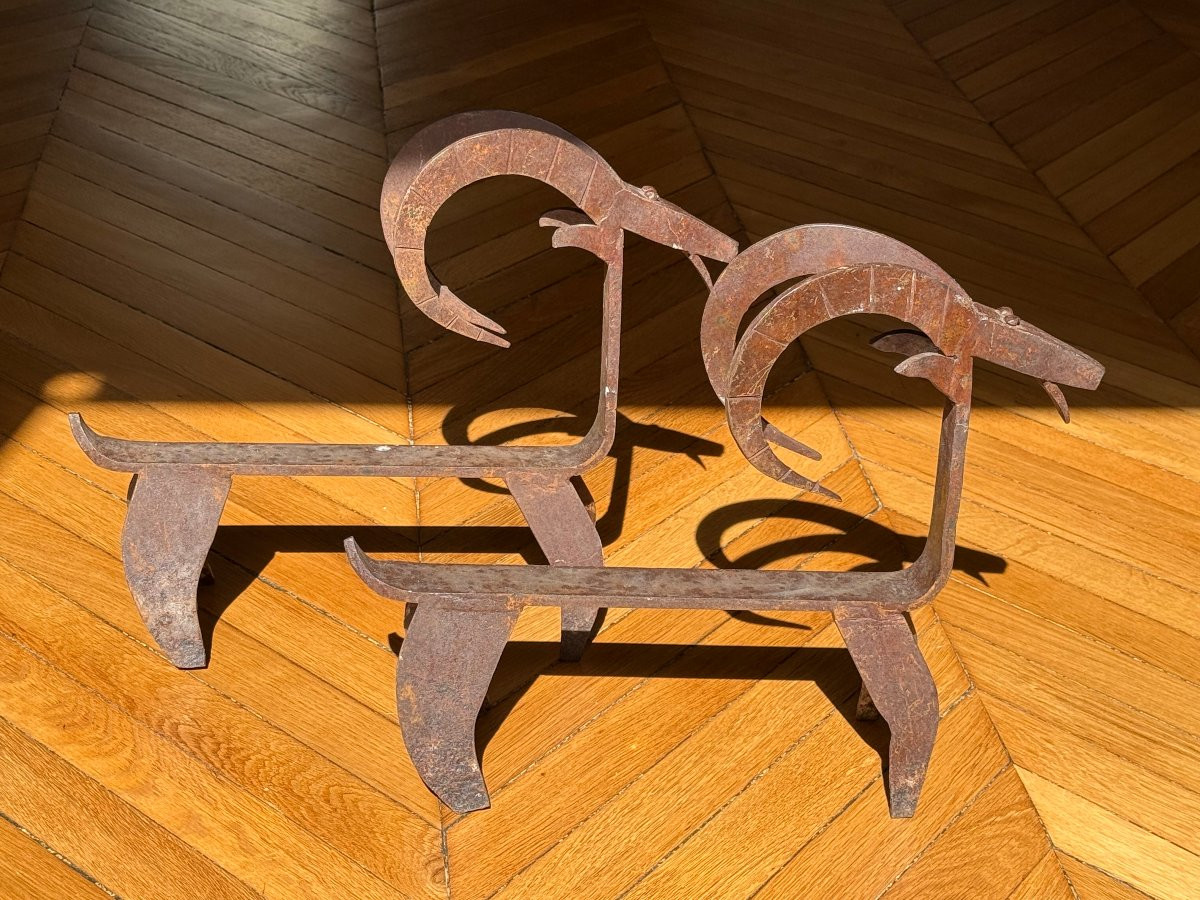 Pair Of Andirons Featuring 2 Ibexes, France Circa 1950-photo-3