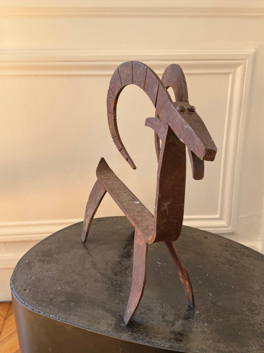 Pair Of Andirons Featuring 2 Ibexes, France Circa 1950-photo-2