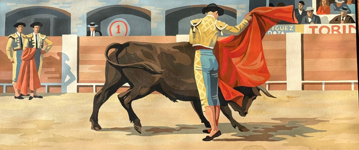 The Bull Fight , Stencil On Cardboard Circa 1950-photo-3