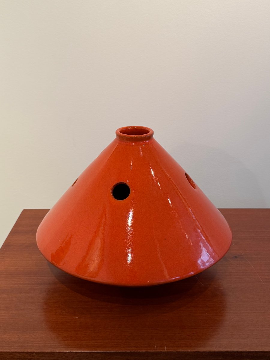 vase en ceramique orange vers 1960 de forme conique  -photo-2