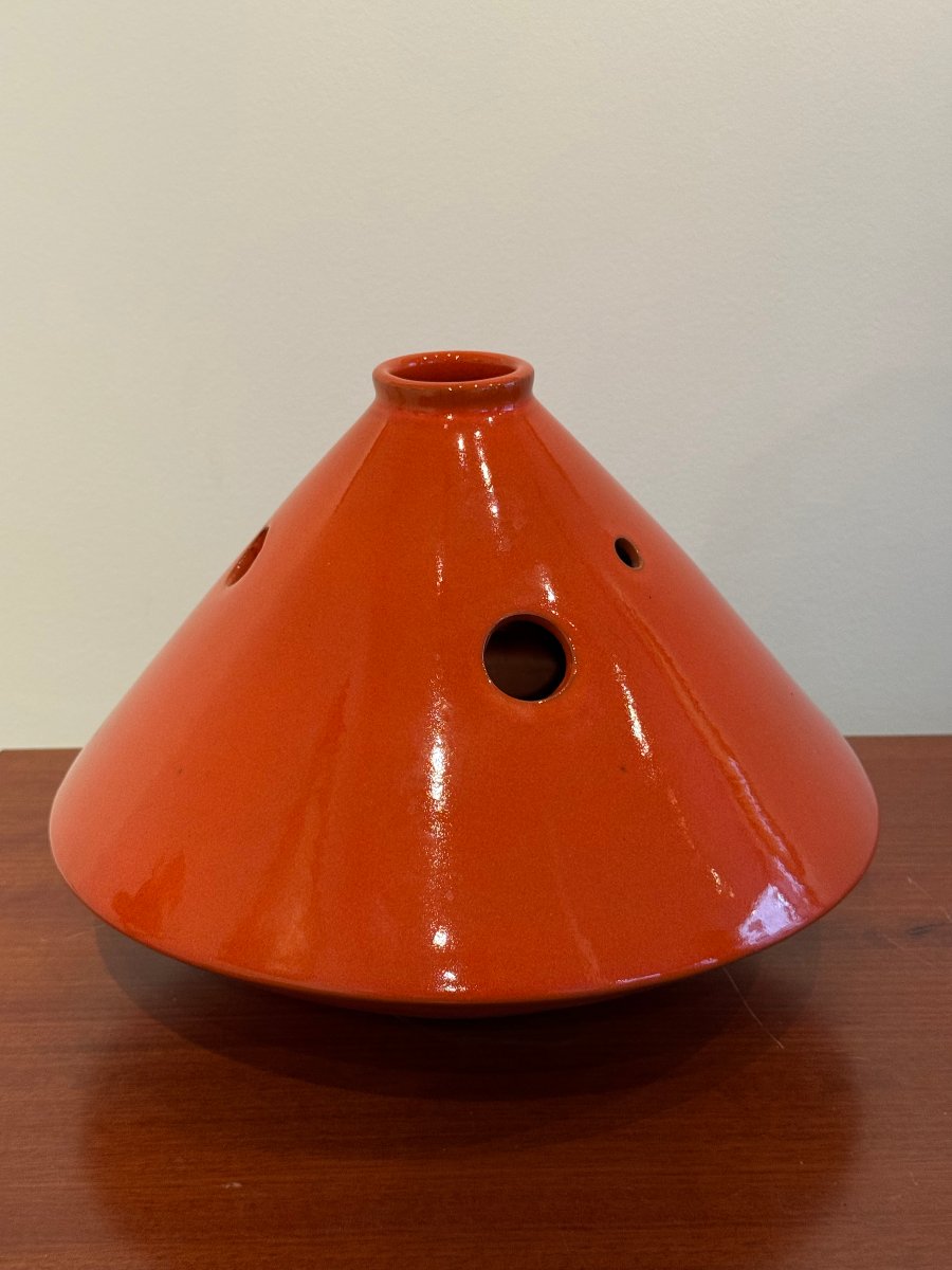 vase en ceramique orange vers 1960 de forme conique  -photo-3