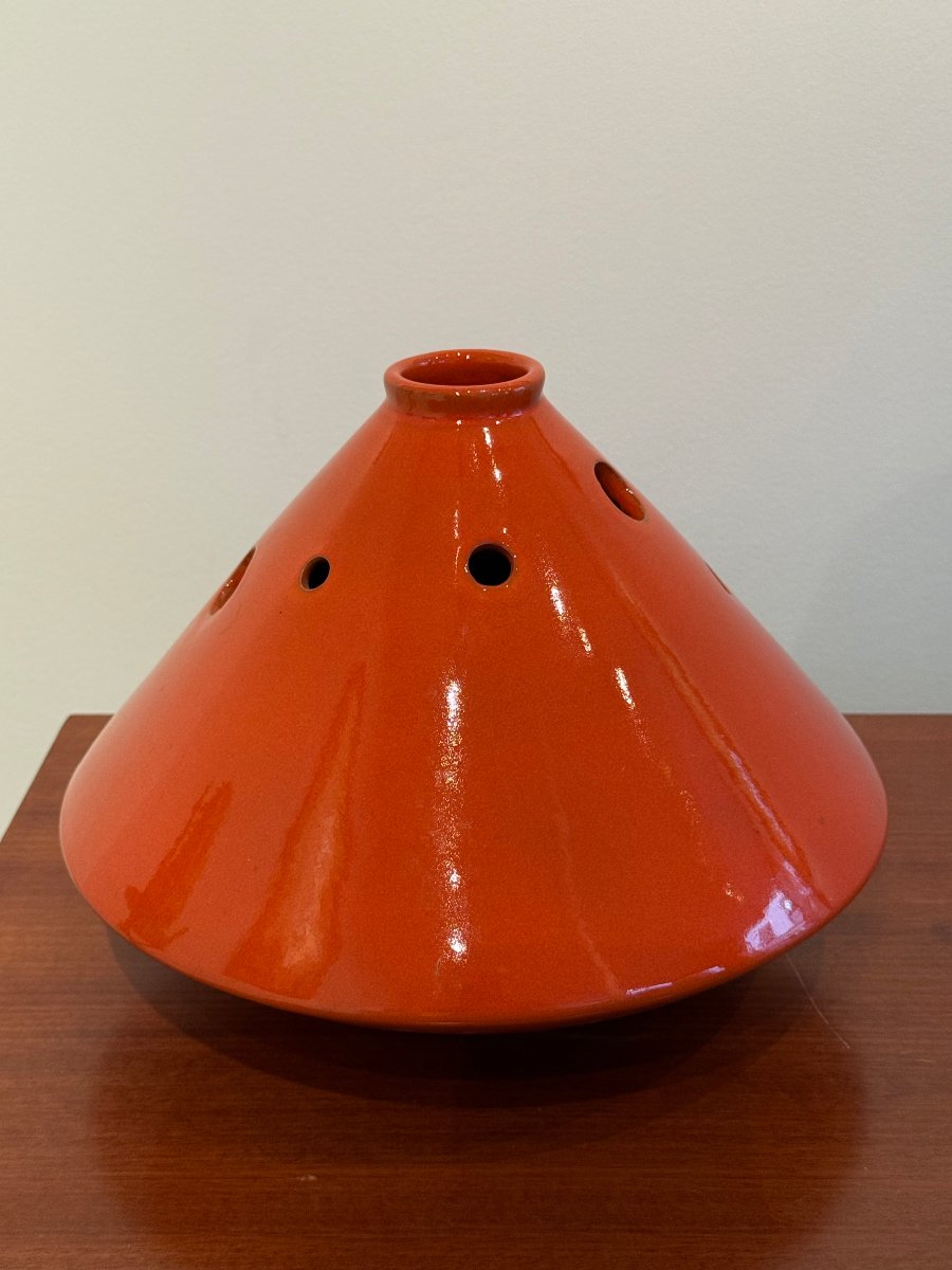 vase en ceramique orange vers 1960 de forme conique  -photo-4