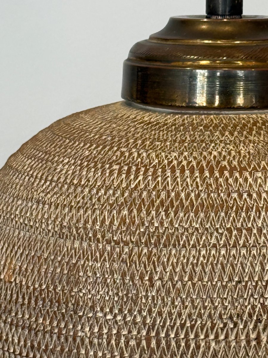 Art Deco Lamp Base Made Of Incised Terracotta, Signed On The Underside Of The Base -photo-2