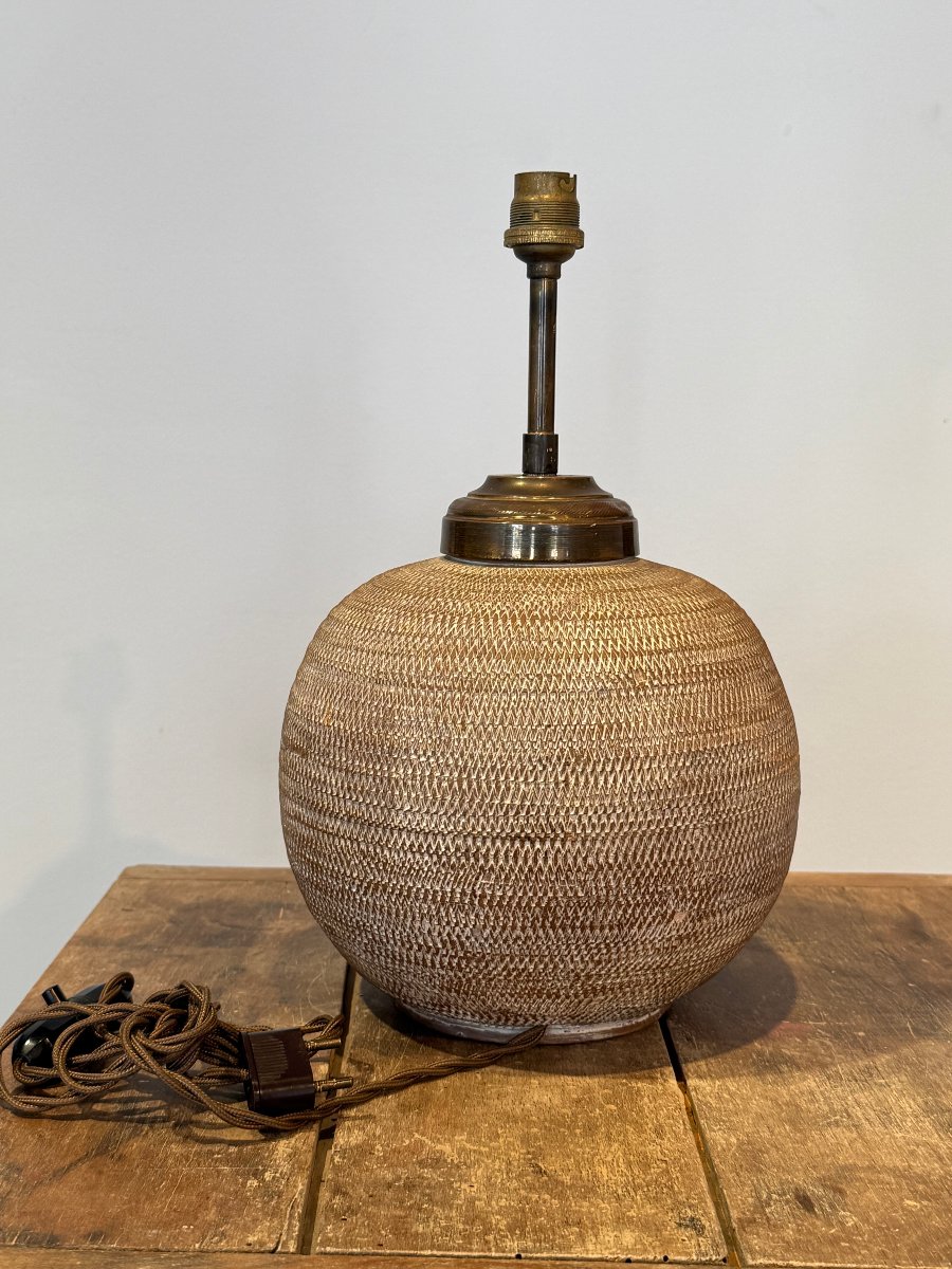 Art Deco Lamp Base Made Of Incised Terracotta, Signed On The Underside Of The Base 