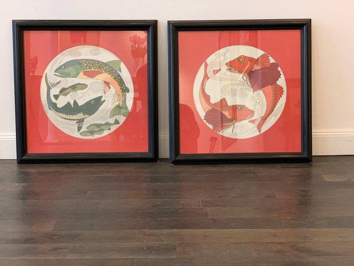 Pair Of "fish" Gouaches From The Sarreguemine Earthenware Factory-photo-2