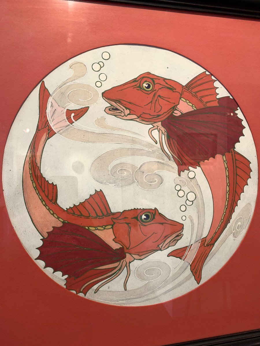 Pair Of "fish" Gouaches From The Sarreguemine Earthenware Factory-photo-4