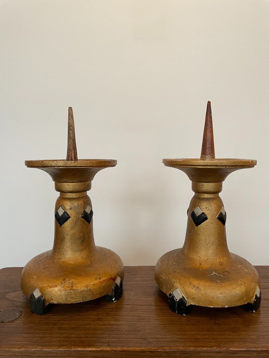 Pair Of Modernist Candle Picks In Painted And Gilded Wood-photo-4