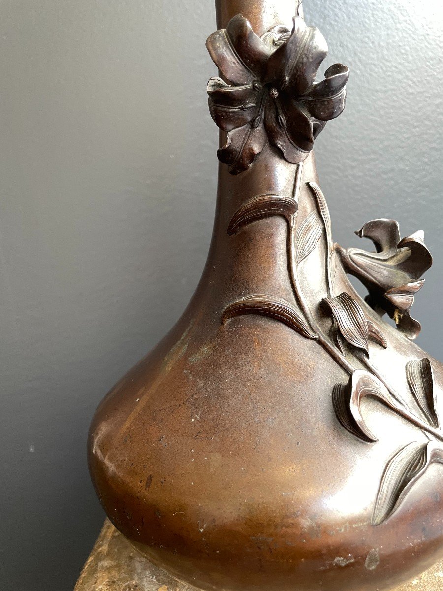 vase aux lys, bronze japonais  fin 19 e -photo-6