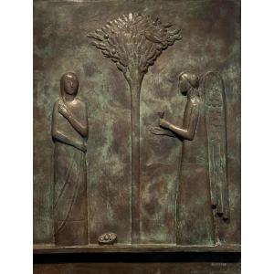 Annunciation, Bas Relief In Bronze By Francesco Rebesco Around 1930