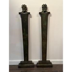 Two Hermaic Pillars In Bronze, France Or Italy Early 20th Century 