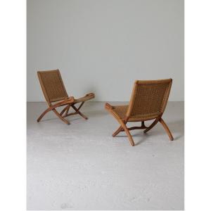 2 Chaises Pliantes De Ebert Wels En Teck Et Cordage 