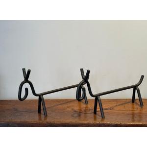 Pair Of Modernist Andirons Depicting Two Donkeys, Spanish Or French Work Circa 1960 