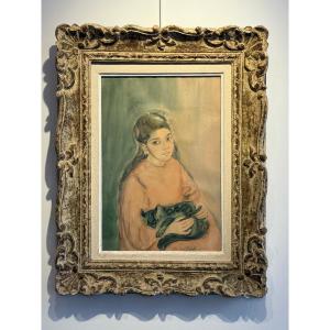 Young Girl With A Cat Watercolor By Erika Fick 1942