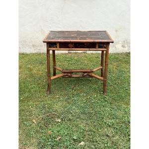 Bamboo Side Table With A Lacquered Top Featuring Birds, France 19th Century