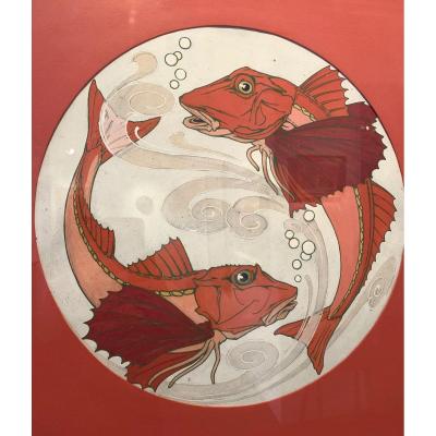 Pair Of "fish" Gouaches From The Sarreguemine Earthenware Factory