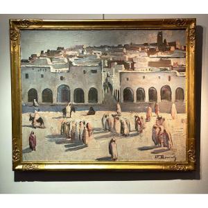 Ghardaia, Effets Roses - Soleil Couchant, Huile Sur Toile De Maurice Bouviolle 