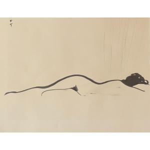 Lying Nude, Felt Drawing By René Gruau 1972